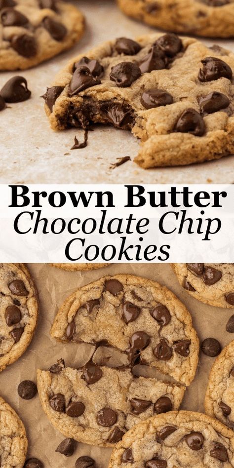 These brown butter chocolate chip cookies are life-changers! The combination of browned butter and brown sugar creates crisp edges and perfectly soft centers of ooey, gooey goodness. Follow my 7 foolproof steps to make brown butter cookies that will become your family's absolute favorite. Brown Butter Dark Chocolate Chip Cookies, Brown Butter Choc Chip Cookies, Browned Butter Toffee Chocolate Chip Cookies, Cookie Recipes Brown Butter, Brown Butter Chocolate Chunk Cookies, Brown Butter Cookies Chocolate Chip, Best Brown Butter Chocolate Chip Cookies, Browned Butter Cookies, Chocolate Chip Cookies Brown Butter