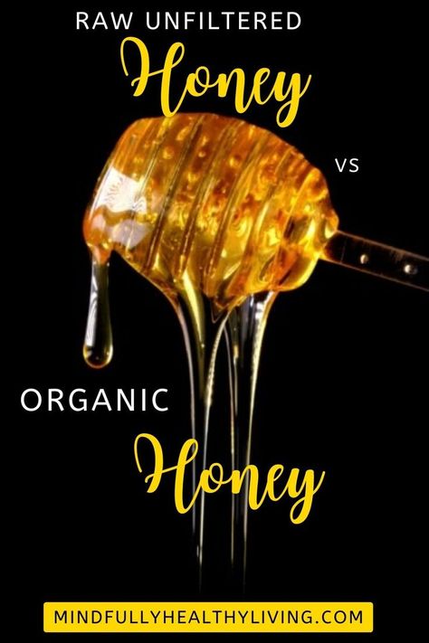 A pinterest version of the featured image. A black backdrop with a honey stick dripped golden honey off of it. At the top in white reads RAW UNFILTERED. In the middle of the honey stick reads Honey in cursive. Off to the bottom left reads ORGANIC in white print and under it says Honey in a cursive yellow font. At the bottom left is a black print saying mindfullyhealthyliving.com with a squared yellow backdrop around the words Raw Honey Benefits, Honey Art, Types Of Honey, Honey Brand, Healthy Honey, Honey Toast, Honey Packaging, Honey Shop, Business Poster