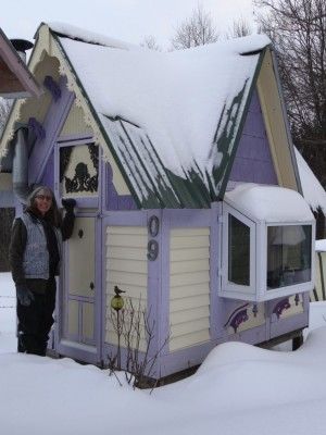 Woman Creates Her Own Village of Micro Houses Micro House Interior, Small Village House, Cardboard Village, Purple Houses, Earthy Homes, Micro Housing, Mini Castle, Chicken Yard, Tiny Cottages