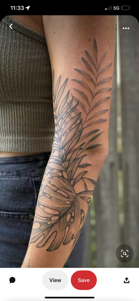 Tropical Plant Leg Tattoo, Shaded Vine Tattoo, Leafy Half Sleeve Tattoo, Tropical Forearm Tattoo Women, Palm Leaves Tattoo Sleeve, Coconut Leaves Tattoo, Palm Leaf Tattoo Arm, Tropical Leaf Tattoo Sleeve, Tropical Forearm Tattoo