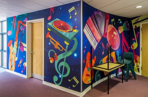 Music Room Wall Painting In School, Music Room Painting, Music Room Wall Painting, Music Wall Painting Ideas, Positive Mural Art, Music Class Design, Music Room Mural, Music Teacher Room Ideas, Music Murals Ideas Wall Art