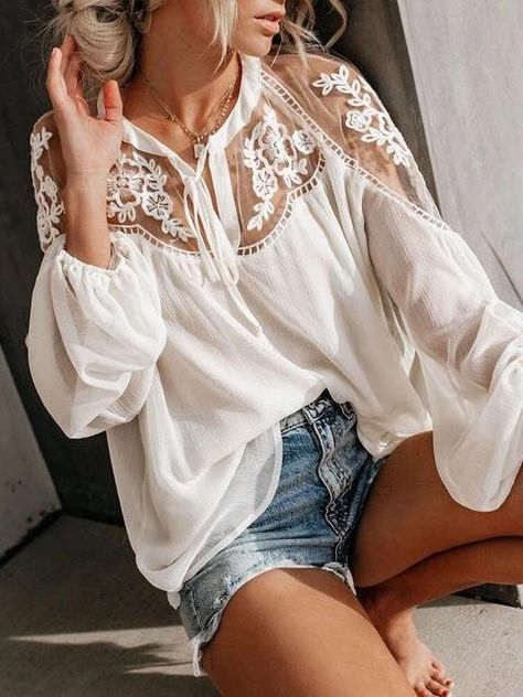 Exclusively For European And American Sexy Perspective V-neck Lace Shirt Blouse Top In Pizzo, Long Sleeve Loose Blouse, Sheer Chiffon Blouse, Boho Style Tops, Boho Mode, Fashion Around The World, Chiffon Blouses, Patch Work Blouse, Mode Boho