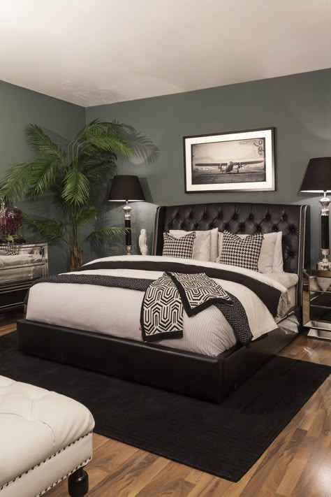 Bedroom | Iconic: This clean-lined, decidedly masculine look combines a black and white leather furniture, monochrome photography, grey-green painted walls, mirrored finishes, while crystal, clear glass and highly polished silver accessories make handsome accents. Black Bedroom With Accent Color, Green And White Bedroom, Bedroom 2022, Black And Grey Bedroom, Sage Bedroom, Green Bedroom Walls, Grey Bedroom Decor, Sage Green Bedroom, Black Bedroom Furniture