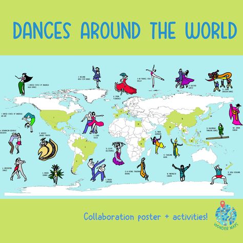 Illustrated map of Dances Around The World. Follow me on The Wonder Maps in TPT to get the collaboration poster for your students! 😁 World Dance Day, Teaching Folk Dance Around The World, Teaching Folk Dance, Irish Step Dancing, Steps Dance, Hula Dance, Teaching Geography, World Dance, Dragon Dance