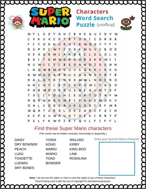 Super Mario word search printable puzzle - unofficial [free PDF] - Puzzletainment Publishing Mario Learning Activities, Mario Math Worksheets, Super Mario Word Search, Video Game Printables Free, Mario Maze Printable, Mario School Activities, Mario Stem Activities, Super Mario Activities Free Printable, Video Game Word Search