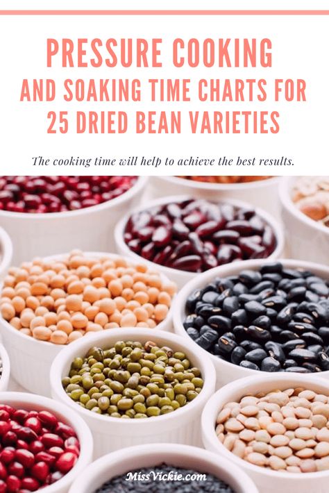 Pressure Cooking and Soaking Time Charts for 25 Dried Bean Varieties - Miss Vickie Pressure Cooker Dry Beans, Beans In Slow Cooker, Beans In Instant Pot, Pressure Cooker Times, Pressure Cooker Beans, Slow Cooker Beans, Cranberry Beans, How To Soak Beans, Bean Varieties