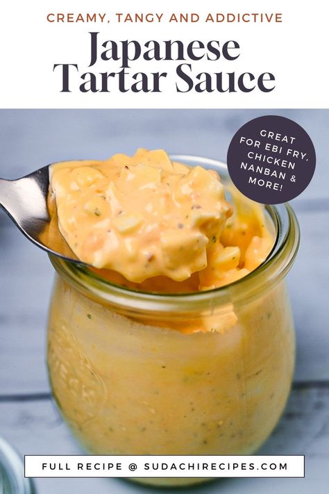 A jar of Japanese tartar sauce with a silver spoon Japanese Tartar Sauce Recipe, Sauce For Shrimp, English Fish And Chips, Japanese Mayo, Tartar Sauce Recipe, Recipe For Shrimp, Japanese Sauce, Asian Sauce, Condiment Recipes