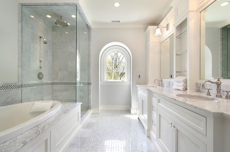 Elegant bathroom is a mixture of classic features and modern with a walk-in-shower Bathroom French, Interior Remodeling, Luxury Master Bathrooms, White Bathroom Designs, Large Bathroom, Master Bath Ideas, Master Bathrooms, Master Bath Remodel, Vanity Bathroom