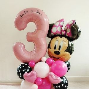 Minnie Mouse Balloon Arch, Balloon Stack, Giant Number Balloons, Minnie Mouse Theme Party, Minnie Mouse Balloons, Minnie Mouse Birthday Party Decorations, Minnie Mouse Birthday Decorations, 5 Balloons, Balloon Display