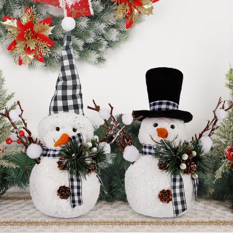 PRICES MAY VARY. 🎅 Christmas Decoration: Our Christmas tabletop snowmen wearing plaid Christmas hat and checked top hat are exquisite and well-made, they look pretty on the table as a nice addition to your winter decor. ☃️ Woolly Snowman: The snowman is covered with soft cotton and decorated with shiny glitters. The realistic pine cones, pine needles and berries make the snowman figurines more attractive. The detailed appearance enable the snowman like the real one in the snow. 😇 Widely Use: Y Christmas Decor Table Top, Christmas Candle Holders Diy, Winter Tray, White Candle Sticks, Snowman Christmas Decorations, Wooden Snowflakes, Christmas Tabletop, Snowman Wreath, Kitchen Fireplace