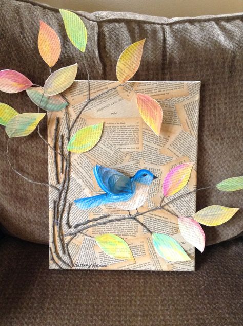 Book art bluebird Easter Centerpiece Ideas, Spring Art Projects, Easter Centerpiece, Newspaper Art, Book Page Art, Collage Art Projects, Paper Collage Art, Kids Art Class, Ideas For Easter Decorations