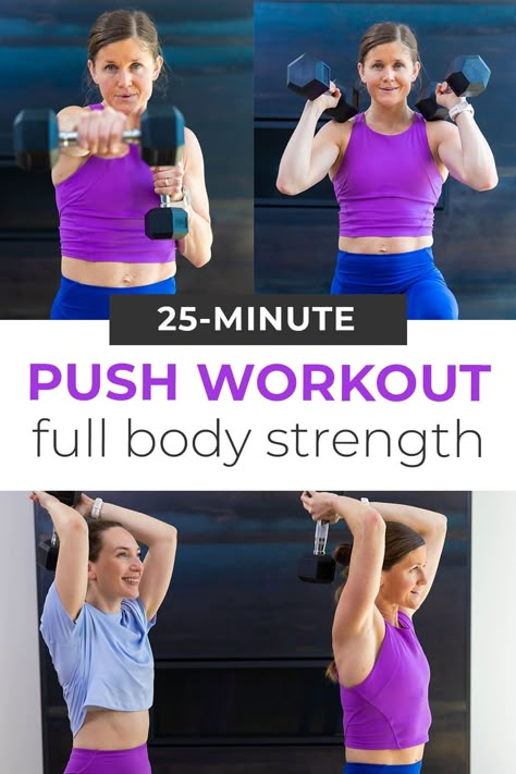 Build strength in the upper body push muscles with this chest, shoulders and triceps workout. All you need is a set of dumbbells to build upper body strength at home in under 30 minutes. This strength workout will get your heart rate up with a cardio circuit, too. Push Muscles, Upper Body Push Workout, Upper Body Workouts For Women, Bone Health Exercise, Strength Workout At Home, Body Workouts For Women, Push Day Workout, Arm Workout Gym, Chest And Tricep Workout