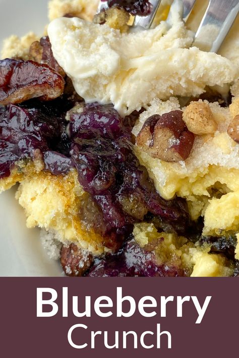 Close up fork full of Blueberry Crunch and ice cream Blueberry Crunch Cake, Blueberry Crunch Recipe, Chewy Cake, Blueberry Pineapple Dump Cake, Blueberry Crunch Dump Cake, Yellow Cake Mix With Blueberries, Blueberry Cobbler Cake Mix Recipe, Blueberry Dump Cake, Cake Mix Blueberry Cobbler