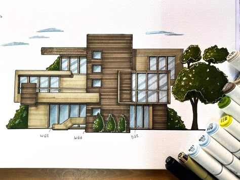 House Sketch Architecture Drawings, House Designs Exterior Sketch, Architecture Drawing House, Front View House Design Drawing, House Design Drawing Sketch Exterior, Architecture House Drawing, Residential House Design, Elevation Rendering, Exterior Sketch Architecture