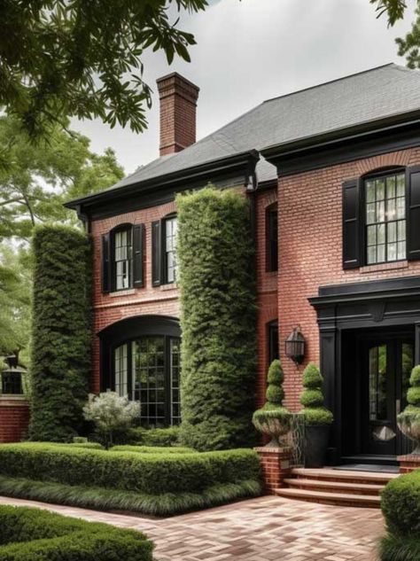 Red Brick House With Black Windows, Brick House Roof Colors, Red Brick Modern House Exterior, Red Brick House With Black Trim, Brick House Black Trim, Red Brick Black Windows, Brick House Black Windows, Gothic Townhouse, Georgian Exterior