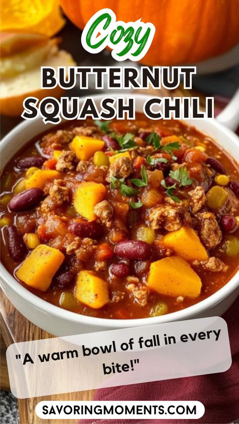 Warm up with this hearty and flavorful Butternut Squash Chili! Packed with tender squash, beans, and spices, it's the perfect fall comfort food. This veggie-filled chili is easy to make and full of savory goodness for a cozy meal any night of the week. Try this delicious recipe, perfect for any occasion #ButternutSquashChili #CozyChili #FallRecipes #ComfortFood #VegetarianChili #EasyDinnerIdeas #HeartyMeals #HealthyComfortFood #WarmUpWithChili #MeatlessMonday #SoupSeason Tagline: "A warm bowl Savory Butternut Squash Recipes, Butternut Squash Chili Recipe, Vegetable Chili Recipe, Butternut Squash Chilli, Butternut Squash Recipes Healthy, Squash Chili, Corn Chili, Savory Butternut Squash, Chili Recipe Healthy