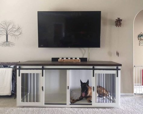 50 Best Dog Crate Ideas for Your Inspiration – Page 9 – The Paws Diy Dog Crate For Two, Big Dog Crate Furniture, Giant Dog Crate Ideas, Dog Space Ideas Apartment, Indoor Dog House For Big Dogs, House With Dogs Ideas, Big Dog Crate Ideas, Tv Stand Dog Crate, Dog Cage Ideas Indoor Living Rooms