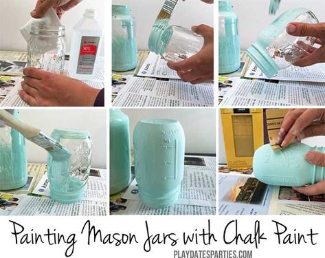 Painting Canning Jars, Jars Painting, Crafts With Glass Jars, Homemade Chalk Paint, Chalk Paint Mason Jars, Painting Glass Jars, Chalk Crafts, Painted Glass Bottles, Painted Glass Vases