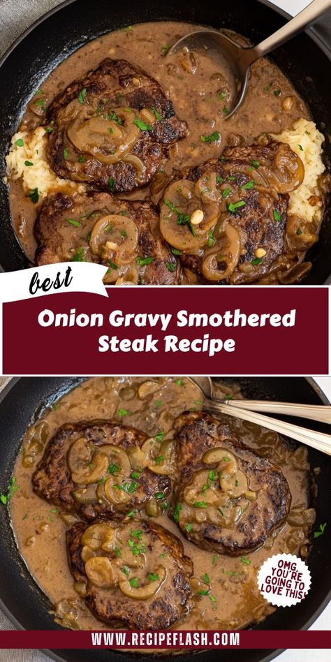 Want to impress your family with a hearty steak dinner? This Onion Gravy Smothered Steak Recipe is not just tasty but also easy to make, turning a simple meal into something extraordinary. Be sure to save this for your next culinary adventure in steak dinner ideas! Healthy Minute Steak Recipes, Best Steak On Stovetop, Rump Steak Recipes Dinners, Ny Steak Recipes, Ranch Steak Recipes, Gravy For Steak, Chop Steak Recipe, Meals With Steak, Steak Strips Recipe