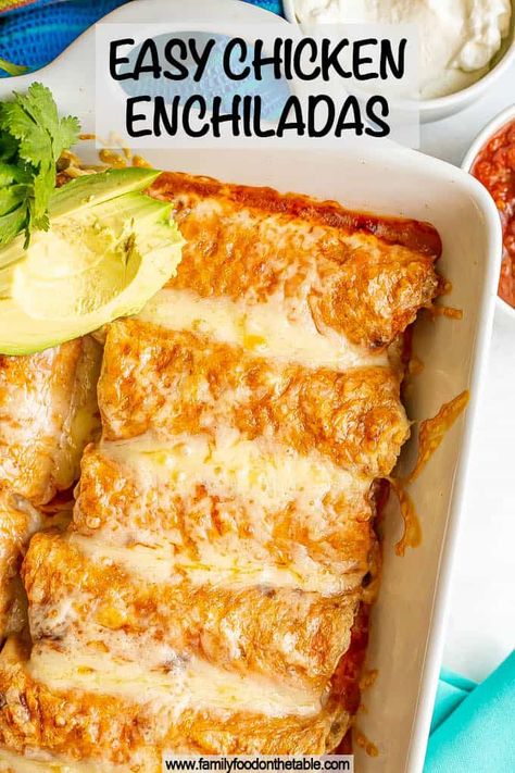 Chicken enchiladas are full of a perfectly seasoned chicken mixture, topped with enchilada sauce and cheese, and baked until bubbly for a delicious and hearty dinner the whole family will love. Shredded Chicken Crockpot, Yogurt Cheese, Homemade Enchilada Sauce, Food On The Table, Homemade Enchiladas, Red Enchilada Sauce, Hearty Dinner, Best Chicken Recipes, Family Food