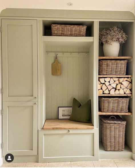 L Shaped Boot Room, Hall Storage Cupboard, Hallway Cupboard Storage, Cottage Hallway, Small Mudroom Ideas, Porch Storage, Mudroom Bench Seat, Coat Storage, Mudroom Bench Plans