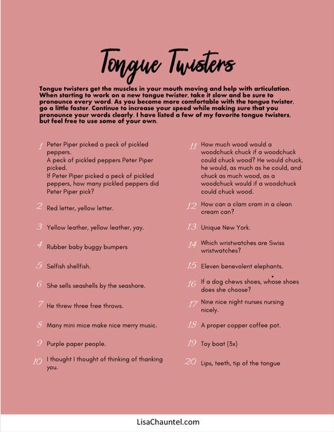 Relax tension in your tongue, and improve articulation with tongue twisters. Tongue Exercises, Vocal Tips, Yoga Breathing Exercises, Yoga Breathing, Tongue Twisters, English Story, Breathing Exercises, Public Speaking, Self Improvement