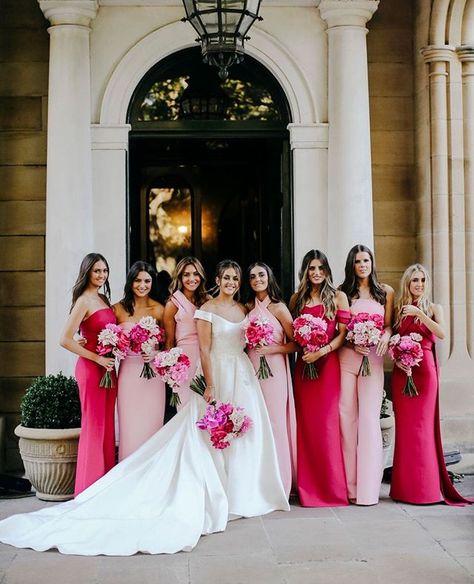 Small Bridal Party, Small Bridal Parties, Pink Bridesmaids, Unique Wedding Rings, Fuchsia Wedding, Unique Ornaments, Puffy Dresses, Lily Bouquet, Pink Theme