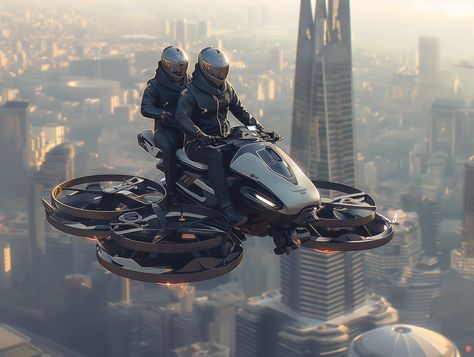 two men wearing a helmet , Sit one in front of the other,ride on a new quadcopter, the four large propellers are protected under the aircraft, the top is shaped like a motorcycle without wheels, the aircraft has just taken off from the roof of a skyscraper, clear weather, HD Hover Bike, Concept Vehicles Sci Fi, Clear Weather, Latest Technology Gadgets, F14 Tomcat, Space Ship Concept Art, Avatar Films, Futuristic Motorcycle, Air Fighter