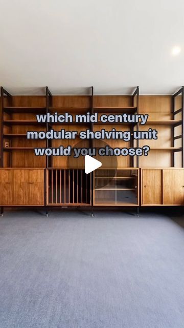 Julien Griffith on Instagram: "mid century wall units 🔩  Mid-century wall units, popular from the 1940s to the 1960s, are modular storage systems often made of wood with clean lines and minimalist design. They typically feature open shelving, cabinets, and drawers, combining functionality with aesthetics. These units are versatile, fitting well in various spaces, and are celebrated for their sleek, modern look that complements contemporary and retro interiors.  which is your favorite?  #wallunits #shelvingsystem #shelvingunit #wallunits #modular #modulararchitecture #modulardesign #hermanmiller #poulcadovius #kaikristiansen #charlotteperriand #midcenturydesign #midcenturyfurniture #midcenturymodern #midcenturydecor #midcenturymodernhome #which #whichone #whichwouldyouchoose" Mid Century Shelving Wall, Mid Century Shelving, Mid Century Wall Unit, Mid Century Cabinet, Storage Systems, Wall Units, Modular Shelving, Modular Storage, Retro Interior