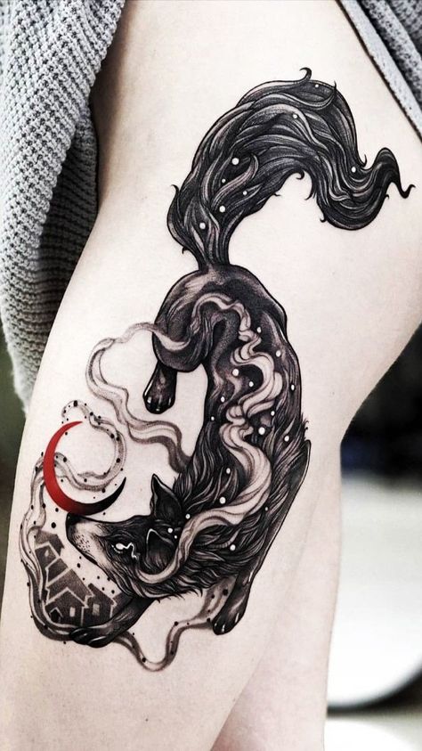 Chinese Wolf Tattoo, Norse Wolf Tattoo Design, Fox And Wolf Tattoo, Fox Tattoo Arm, Wolf Skull Tattoo, Wolf Tattoo For Women, Two Wolves Tattoo, Fenrir Tattoo, Wolf Tattoos For Women