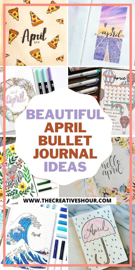 April Bujo Ideas, Bujo Spring Theme, April Planner Ideas, Bujo April Theme, April Cover Page Bullet Journal, April Bullet Journal Calendar, April Doodles, Bujo Headers, Lists Of Lists