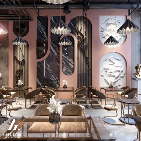 Luxury Restaurant Wall Design, Modern Cafe Interior Design Minimalist, Art Deco Hotel Reception, Hotel Reception Design Luxury, Luxury Restaurant Interior Design Modern, Restaurant Reception Design, Classic Cafe Design, Luxury Cafe Interior Design, Luxury Cafe Design