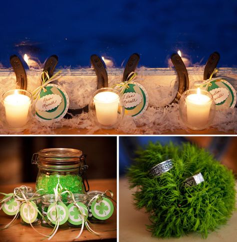 Irish Wedding decor ideas with candles, lucky horseshoes and wedding rings on Irish moss Irish Wedding Decor, Irish Wedding Decorations, Irish Wedding Inspiration, Irish Themed Weddings, Head Table Wedding Decorations, Irish Theme, Head Table Decor, Head Table Wedding, Irish Moss