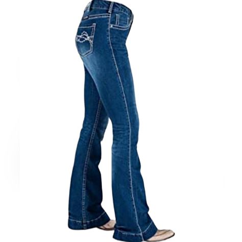 Womens Cowgirl Tuff Edgy Wide Trouser Jeans. Style #Jedgwt. Boots, Class, And A Lil’ Sass, That’s What Cowgirls Are Made Of! The Women’s Medium Wash Edgy Wide Trouser Western Jeans From Cowgirl Tuff Have A Button Front, Higher Rise, Wide Leg, Thick Stitched Details At Seams And Pockets, And Barbed Wire Back Pockets. Light Factory Distressing, Fade And Whiskering All Over. Made Of 99% Cotton And 1% Spandex. Size 24l (Tag) Measures: (Taken Laying Flat With Tailors Measuring Tape, All Measures Are Cowgirl Boots With Jeans, Cowgirl Tuff Jeans, Cowgirl Jeans, Cowgirl Tuff, Western Wear Outfits, Cute Modest Outfits, Western Jeans, Wide Trousers, Jeans Wide