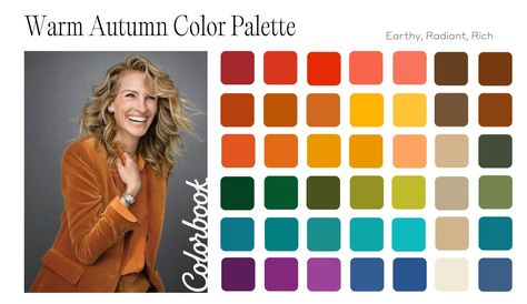 Warm | True Autumn: the guide to color, style, & make-up — ColorBook True Autumn Eyeshadow, Soft Autumn Color Palette Celebrities, Warm Autumn Color Analysis, Vibrant Autumn Color Palette, Warm Autumn Makeup Looks, House Of Color Autumn Outfits, Autumn Season Color Palette, House Of Colour Autumn Outfits, Autumn Color Outfits