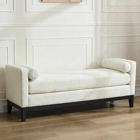 Amazon.com: Aoiy & Wifon 66.34" W End of Bed Bench, King Size Upholstered Bench with Pillows for Bedroom/Entryway/Living Room, Boucle, Ivory : Home & Kitchen End Of Bed Bench Ideas, Bench In Front Of Bed, Bench At Foot Of Bed, Bench With Pillows, Bench For End Of Bed, Bench Interior, Beige Bed Frame, Ivory Furniture, End Of Bed Seating