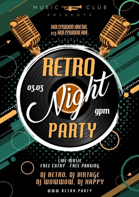 RETRO NIGHT PARTY POSTER Retro Night Poster, Pastel Business Cards, Flyers Ideas, Retro Night, Event Poster Design, Lambada, Social Media Poster, Retro Party, Meet Friends