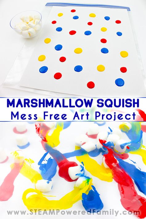 Marshmallow Squish - Mess Free, Sensory Friendly Art Project In a Bag. Ready for something the kids will love doing but won't cause a massive mess for you to clean up? Try this mess free, stress free art project in a bag we call Marshmallow Squish! Kids love this sensory friendly project to create stunning art. Includes lots of project extension ideas and is easily adaptable for preschool, kindergarten or grade one students. Have fun exploring and creating! #Marshmallow #ArtinaBag #MessFree #Art Mess Free Painting Preschool, Marshmallow Activities, Adapted Art, Sensory Activities For Preschoolers, Adaptive Art, Marshmallow Crafts, Preschool Art Projects, Messy Crafts, Sensory Art