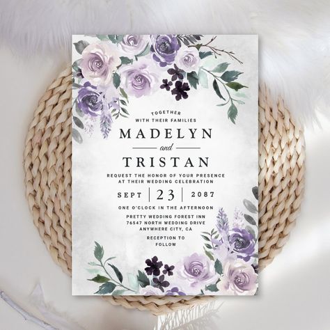 Dusty Purple and Silver Gray Floral Rustic Wedding Invitation - tap to personalize and get yours #Invitation #purple #wedding, #dusty #silver #and Floral Rustic Wedding, Fall Roses, Lilac Watercolor, 3d Templates, Flowers Pastel, Wedding Purple, Bohemian Flower, Pastel Vintage, Rustic Wedding Invitation