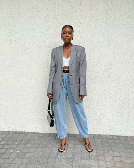 If You've Missed Proper Trousers, These 9 Trends Are for You | Who What Wear UK Cropped Blazer Outfit Jeans, How To Style Grey Blazer, Oversized Blazer Summer Outfit, Black Oversized Blazer Outfits For Women, 2923 Fashion Trends, Gray Oversized Blazer Outfit, Loose Blazer Outfit, Baggy Blazer Outfit, Styling Oversized Blazer