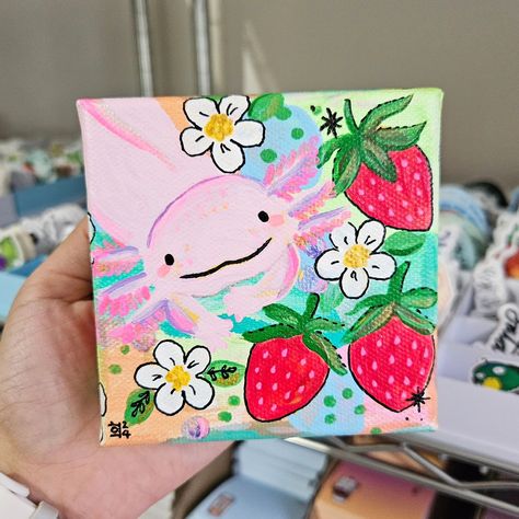 I can't stop painting strawberries lately! These original acrylic paintings will be looking for new homes very soon! Make sure to be on my email list for the earliest updates on new products and deals. 🍓✨️ #axolotl #strawberries #ducks #painting #artist #strawberries Axolotl Painting, Painting Strawberries, Ducks Painting, Planner Notepad, Painting Artist, Shipping Supplies, Acrylic Paintings, Art Clothes, Crochet Animals