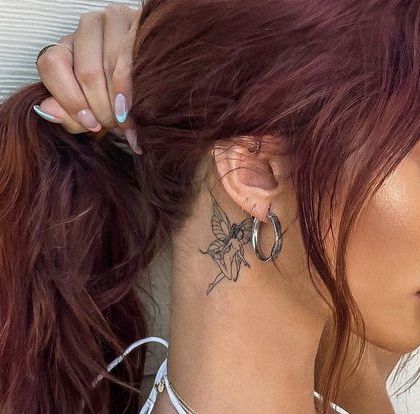 Behind The Ear Tattoo Ideas Aesthetic, Fairy Tattoo Behind Ear, Behind Thigh Tattoo, Back Of Ear Tattoos For Women, Tattoos Behind Ear For Women, Back Of Thigh Tattoo Women, Delicate Neck Tattoo, Back Of The Ear Tattoos For Women, Behind Ear Tattoos For Women