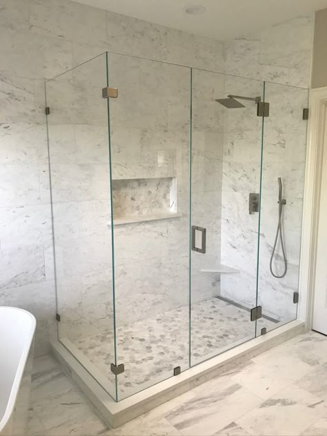 Glass Shower Door In Middle, Frameless Shower Doors Master Bath, All Glass Shower Enclosure, Bathroom Shower Enclosure Ideas, Shower With Two Glass Walls, Shower With 2 Glass Walls, Tile Glass Shower Ideas, Showers With Two Glass Walls, Glass Shower Surround