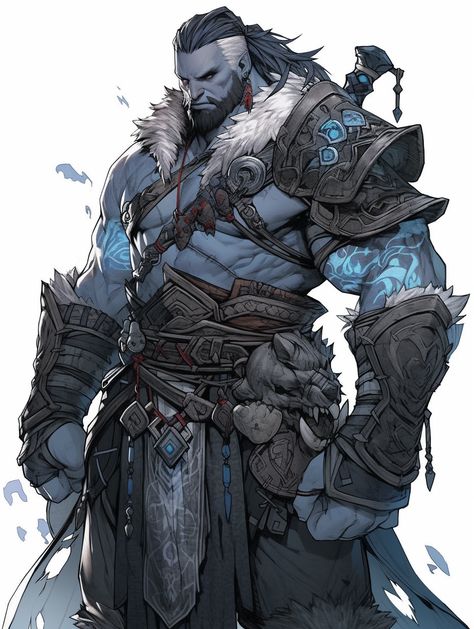 Water Genasi Male Barbarian, Goliath Paladin Dnd, Dnd 5e Goliath, Ettin Dnd, Half Giant Character Design, Dnd Goliath Barbarian, Winter Barbarian, Dnd Goliath Fighter, Warlord Character Design