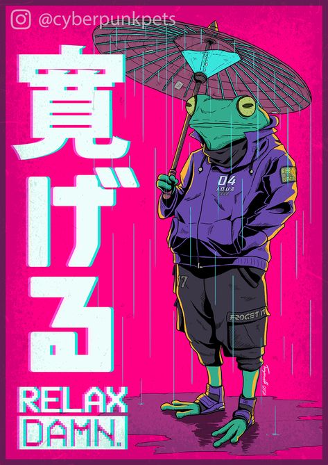 Futuristic Anime Art, Futuristic Illustration Design, Chill Character, Cyberpunk Animals, Cyberpunk Graphic Design, Frog Character Design, Pink Cyberpunk, Cyberpunk Illustration, Futuristic Character Design