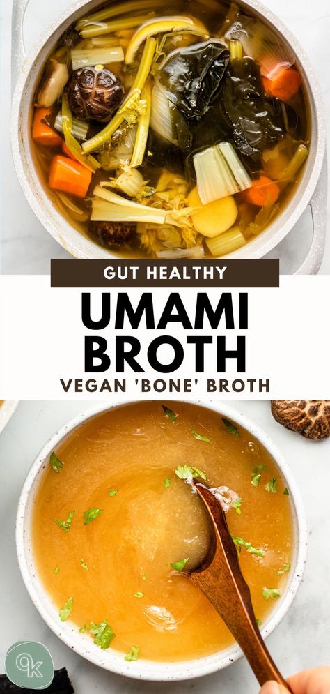 Oct 12, 2020 - Vegan Bone Broth made with vegetable scraps and umami packed ingredients for a super flavourful vegetable broth! Great for sipping & recipes. Asian Broth Recipe, Vegan Bone Broth, Asian Broth, Soup Benefits, Broth Soup, Vegetable Scraps, Flavorful Vegetables, Vegetable Broth, Broth Recipes