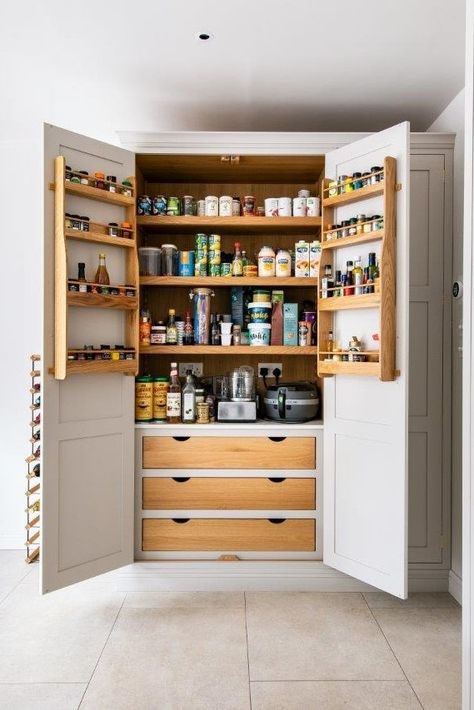 Last year we saw a huge increase in demand for walk in pantries and larders. And we're not surprised! Larders are not only a great way to keep your kitchen organised but they're also gorgeous! Read all about the rise of pantries and larders on our blog. Alcove Kitchen Cupboards, Double Larder Cupboard, Hidden Kitchen Cupboards, Larder Cupboard Ideas, Double Pantry, Kitchen Larder Cupboard, Cupboard Pantry, Kitchen Pantry Cupboard, Herringbone Kitchen