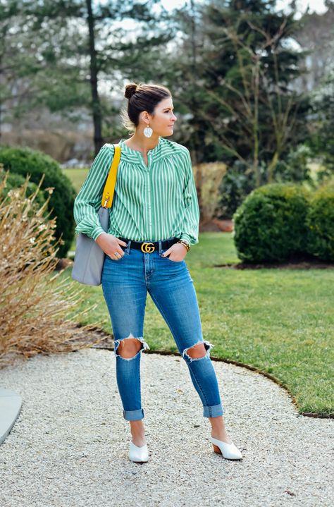 Green Striped Blouse, Levi's Denim, White Mules, Spring Outfit, Tilden of To Be Bright Denim And Shirt Outfit Women, Green T Shirt Outfit Casual Women, Green Stripes Shirt Outfit, Outfit With Green Shirt, Green Shirt And Jeans Outfit, Green And White Striped Shirt Outfit, Green Striped Shirt Outfit, Denim Blouse Outfits, Green Blouse Outfit