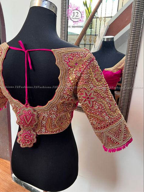 Trendy Aari Work Bridal Blouse Designs, Engagement Aari Work Blouse, Aari Work Tassels For Blouse, Aari Work Blouse Back Neck Design, Hand Work Blouse Design For Bridal, Bridal Blouse Aari Work Designs, Aari Work Blouse Aari Work Blouse Wedding, Pink Bridal Blouse Designs, Pink Aari Work Blouse Designs