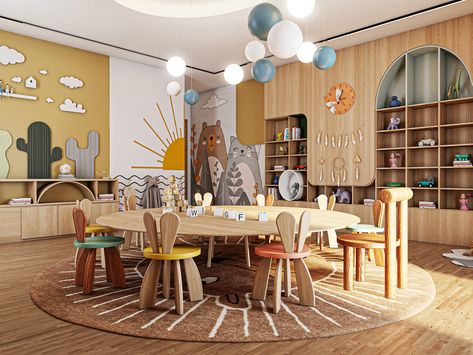 - Kindergarten - on Behance Spavace Sobe, Kids Study Area, Family Tree Wall Art, Kindergarten Interior, Baby Playroom, Interior Design Sketch, School Interior, Kids Library, Boho Chic Bedroom